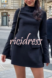 Ultimate Muse High Neck Long Slit Sleeve Flap Pocket Mini Dress