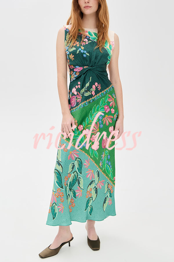 Gwen Satin Unique Print Round Neck Twisted Waist Maxi Dress