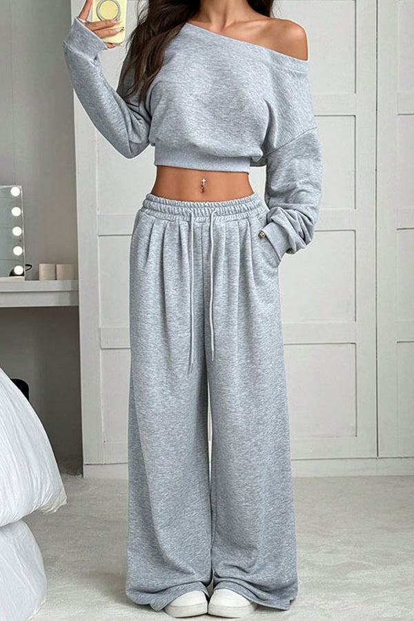 Solid Color Loose Long-sleeved Short Top and Elastic Waist Casual Pocket Wide-leg Pants Set