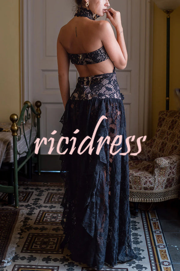 A Girls' Trip Lace High Neck Cutout Drop Waist Ruffles Maxi Dress