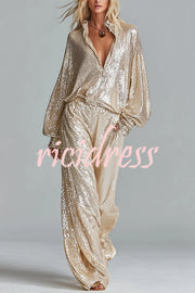 Glamorous Day Sequin Half Zip Loose Shirt and Elastic Waist Pocket Wide Leg Pants Set