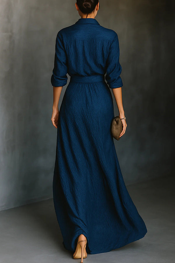 Solid Color Loose-fitting Collared Long-sleeved Shirt and Elegant Pleated Maxi Skirt Set