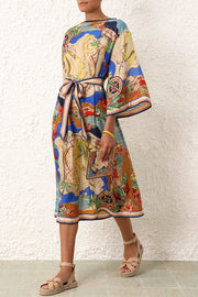 Nautical Map Unique Print Boat Neck Bell Sleeve Belt Pocketed Midi Dress