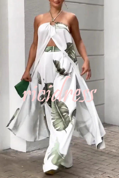Printed Halter Neck Slit Top and Track Pants Two Piece Set