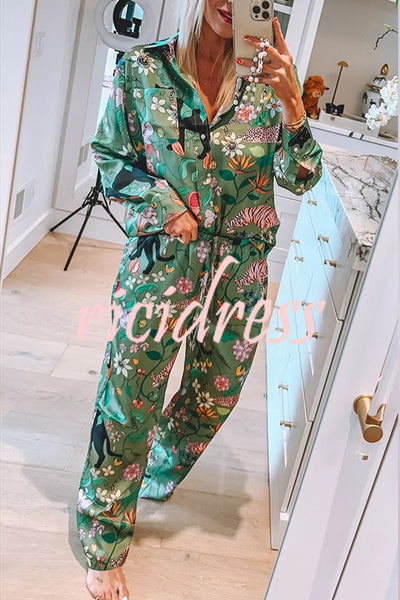 Quiet Jungle Satin Unique Print Long Sleeve Shirt and Elastic Waist Pocket Lounge Pants Set