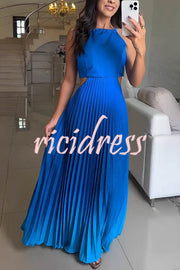 Fashionable Backless Tie Elegant Gradient Pleated Maxi Dress