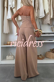 Elegant Solid Color Asymmetric Ruffles Bandeau Top and High Waist Wide Leg Pants Set
