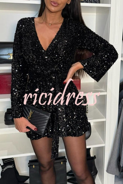 Dancing Queen Sequin Long Bell Sleeve Elastic Waist Tie-up Loose Romper