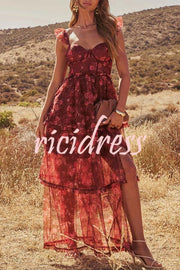 Romantic and Elegant Mesh Floral Back Smocked Tiered Ruffle Maxi Dress