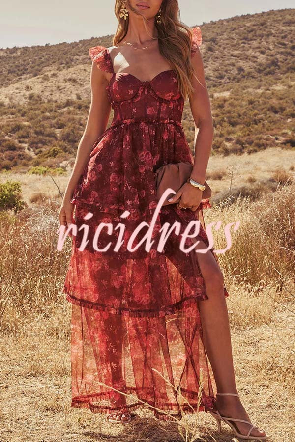 Romantic and Elegant Mesh Floral Back Smocked Tiered Ruffle Maxi Dress