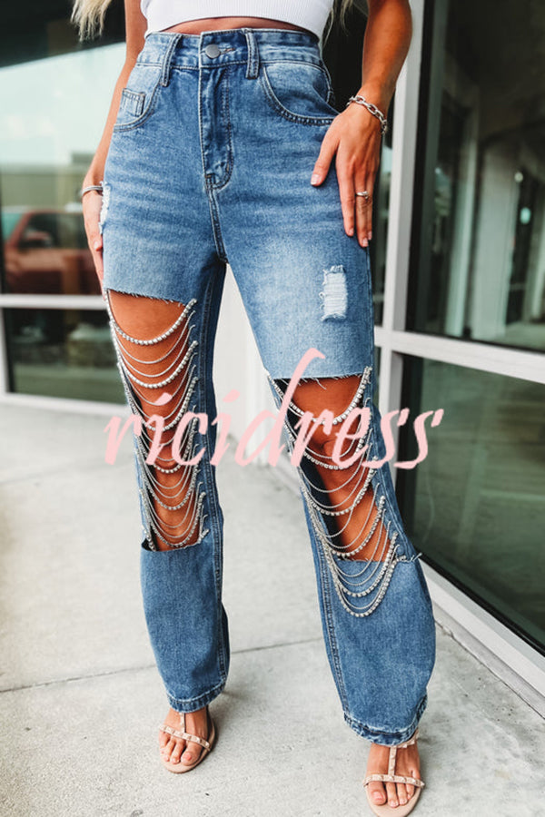 Casual Pocket Ripped Chain Embellished Straight Jeans