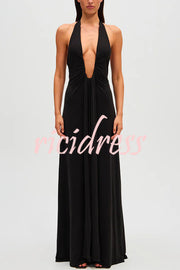 Sexy Silhouette Deep U-neck Halter Waterfall Sash Drape Maxi Dress