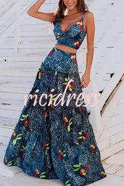 Unique Printed Suspenders Top and Loose Paneled Beach Maxi Skirt Set