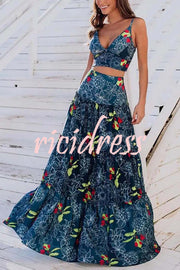 Unique Printed Suspenders Top and Loose Paneled Beach Maxi Skirt Set