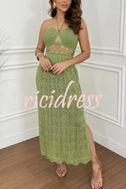 Avena Crochet Knit Cutout Waist Halter Texture Slit Maxi Dress