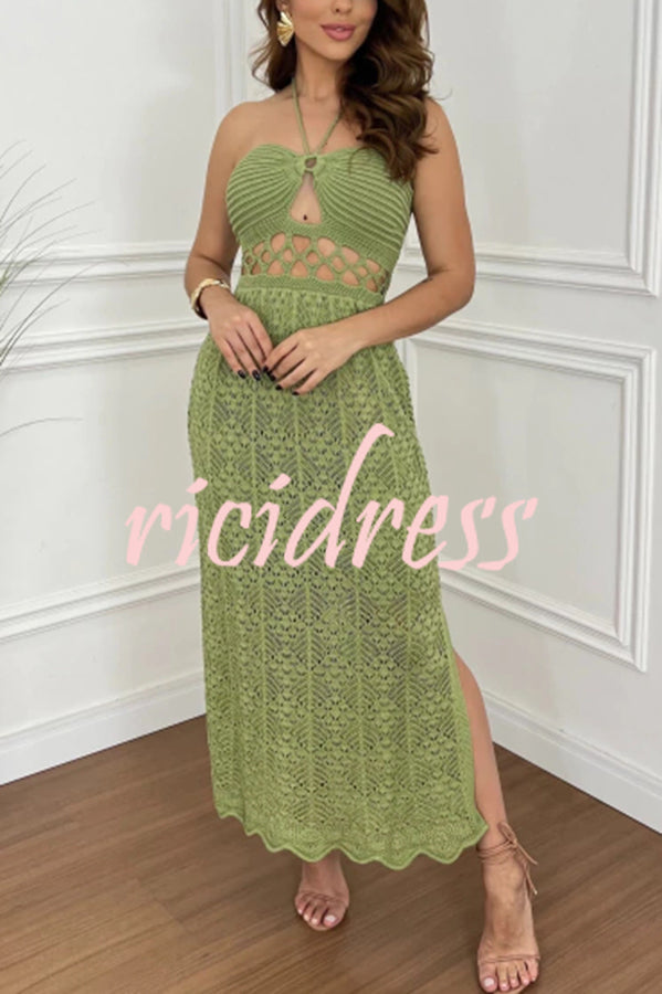 Avena Crochet Knit Cutout Waist Halter Texture Slit Maxi Dress