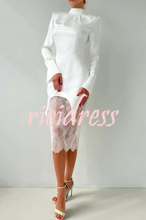 Melissa Satin High Neck Long Sleeve Curved Hem Top and Lace Midi Skirt Set