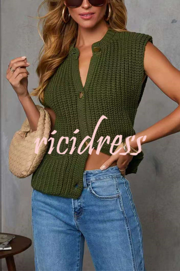 Solid Color Sleeveless Button Pocket Knit Vest