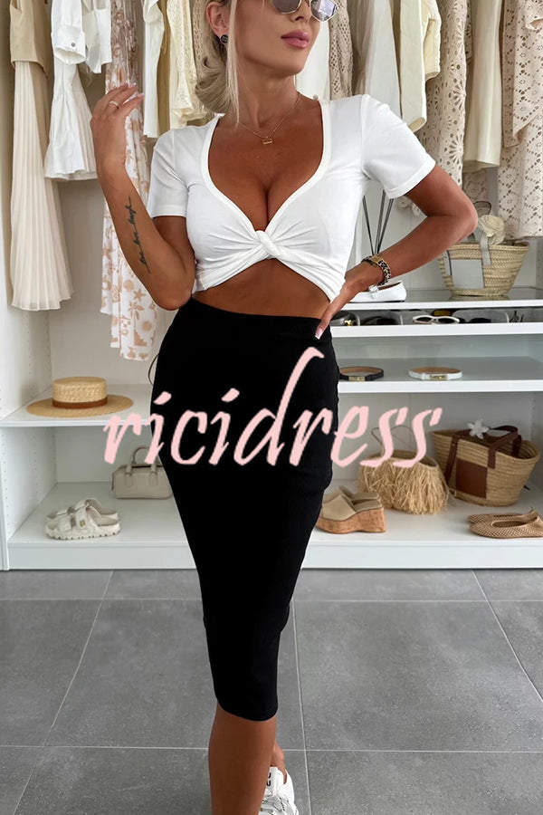 Perfect Basics Ribbed Knit Elastic Waistband Stretch Midi Skirt