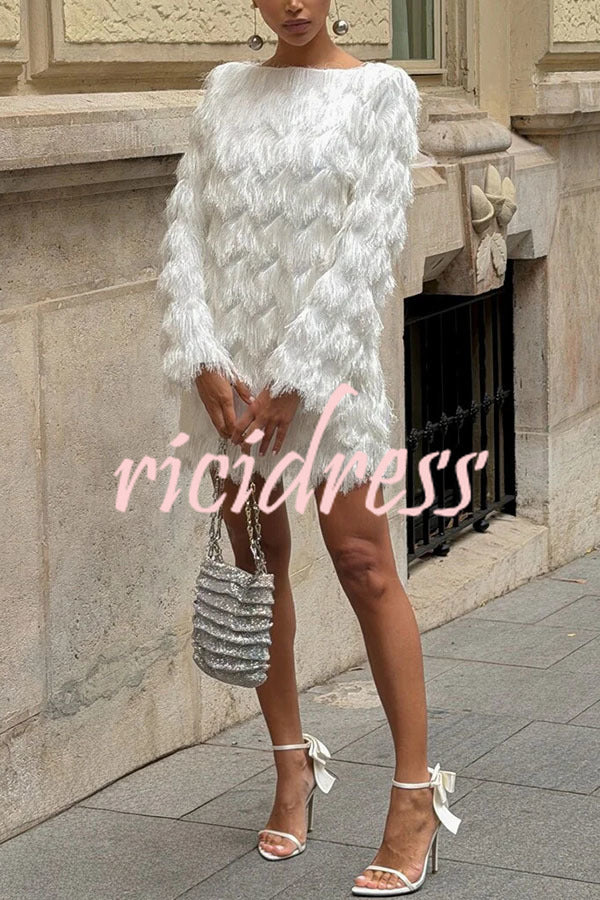 Swaying in The Wind Layered Tassels Wide Neck Long Sleeve H-line Mini Dress