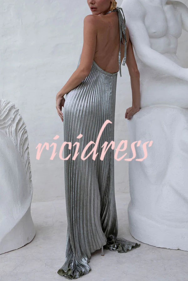 Elegant and Gorgeous Shimmer Fabric Halter A-line Maxi Dress