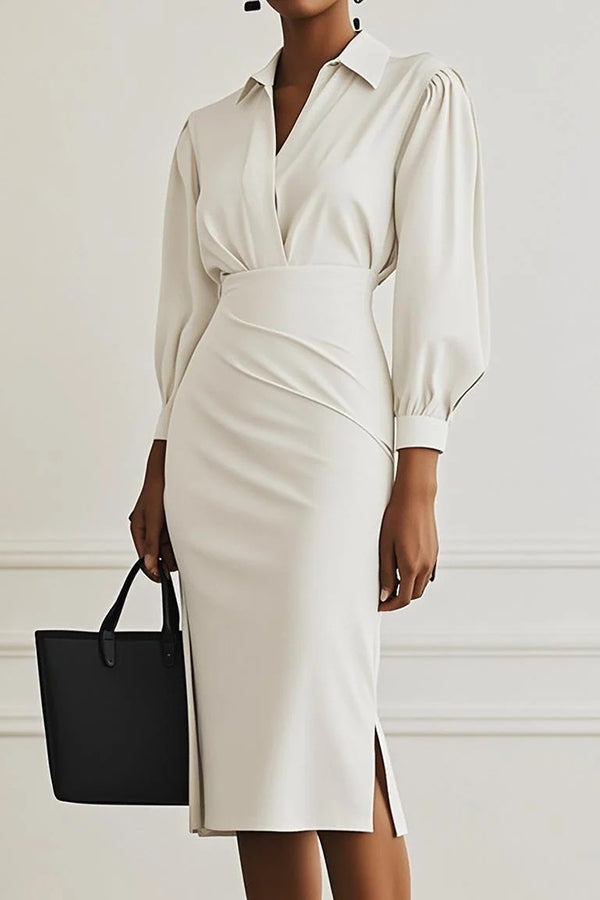 Fashion Lapel Long Sleeve Slim Waist Midi Dress
