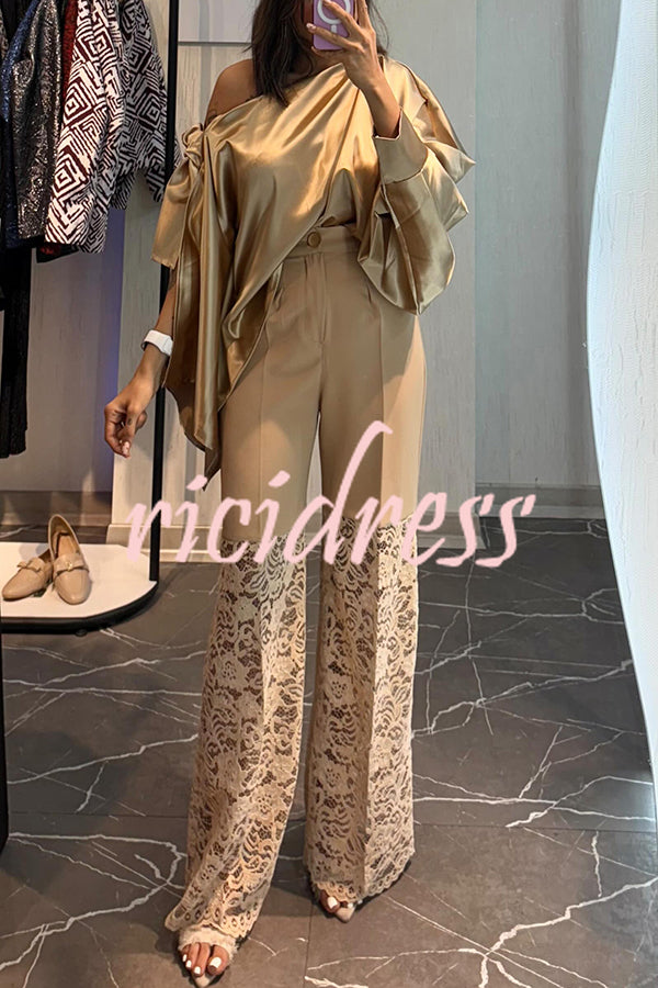 Chic Moment Satin Irregular Knot Slit Sleeve One Shoulder Loose Blouse