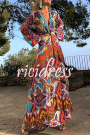 Colorful Day Unique Print Bell Sleeve Cutout Waist Layered Maxi Dress