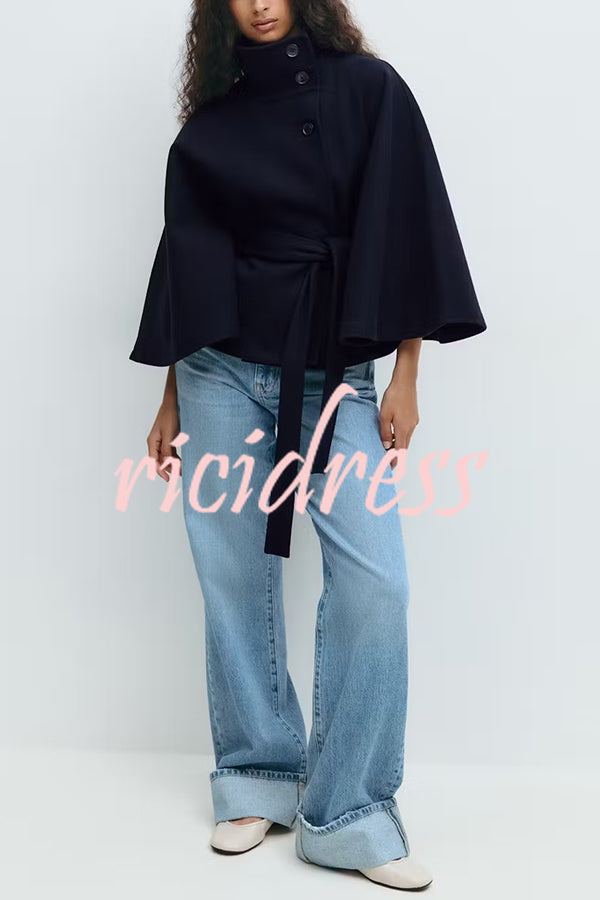 Fashionable Stand Collar Button Waist Tie Loose Cape