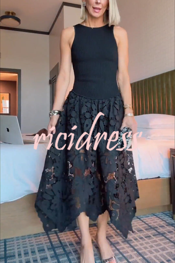 Atlas Asymmetric Ribbed-knit and Guipure Lace Back Zipper Midi Dress