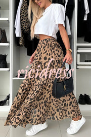 Unique and Comfortable Leopard Print Elastic Waist A-line Layered Maxi Skirt