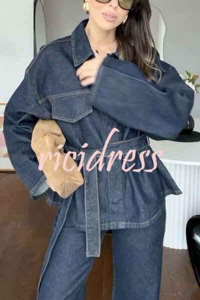 Fashion Workwear Style Denim Button Up Long Sleeve Pocket Lapel Jacket