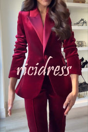 Delicate Daze Velvet Satin Lapel Button Up Long Sleeve Tapered Waist Blazer