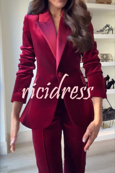 Delicate Daze Velvet Satin Lapel Button Up Long Sleeve Tapered Waist Blazer