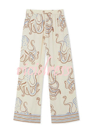 Calm Seas Line Octopus Unique Print Loose Shirt and Elastic Waist Pocketed Pajama Set