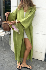 Linen Blend Solid Color Casual Lapel Tie Loose Maxi Dress