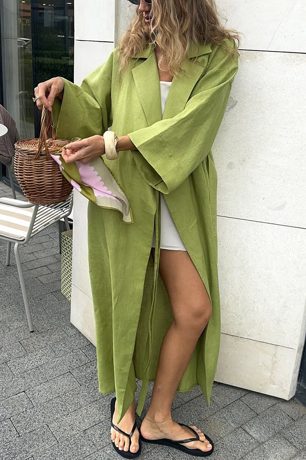 Linen Blend Solid Color Casual Lapel Tie Loose Maxi Dress