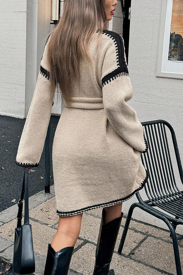 Stylish Loose-fitting Long-sleeved Tie-waist Knit Mini Dress