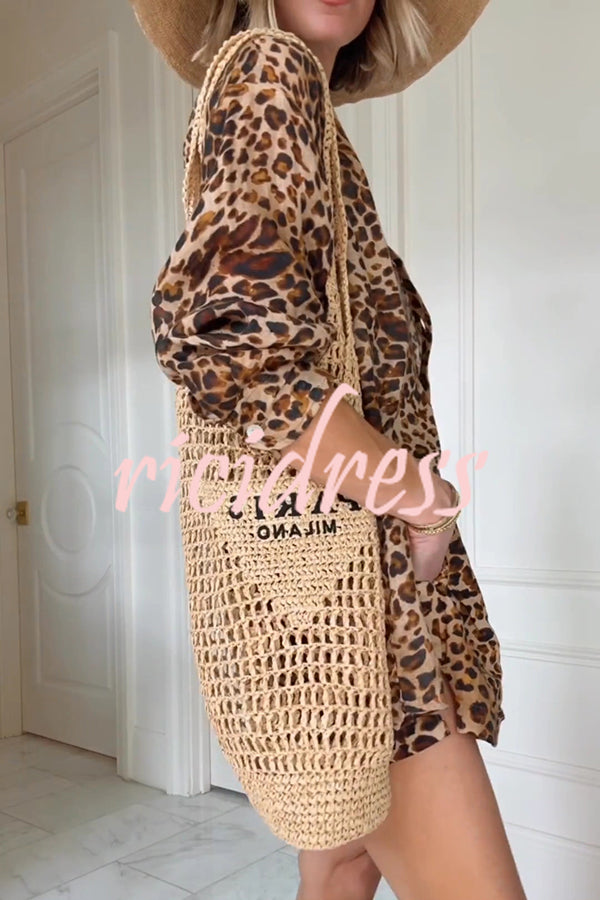 Trisha Linen Blend Leopard Print Long Sleeve Blouse and Elastic Waist Pocket Loose Shorts Set