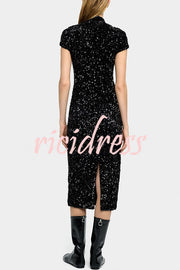 Cheongsam Style Velvet Sequin Stand Neck Short Sleeve Slit Midi Dress
