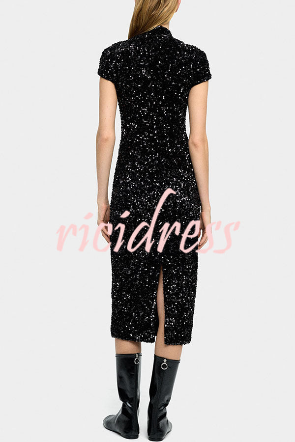 Cheongsam Style Velvet Sequin Stand Neck Short Sleeve Slit Midi Dress