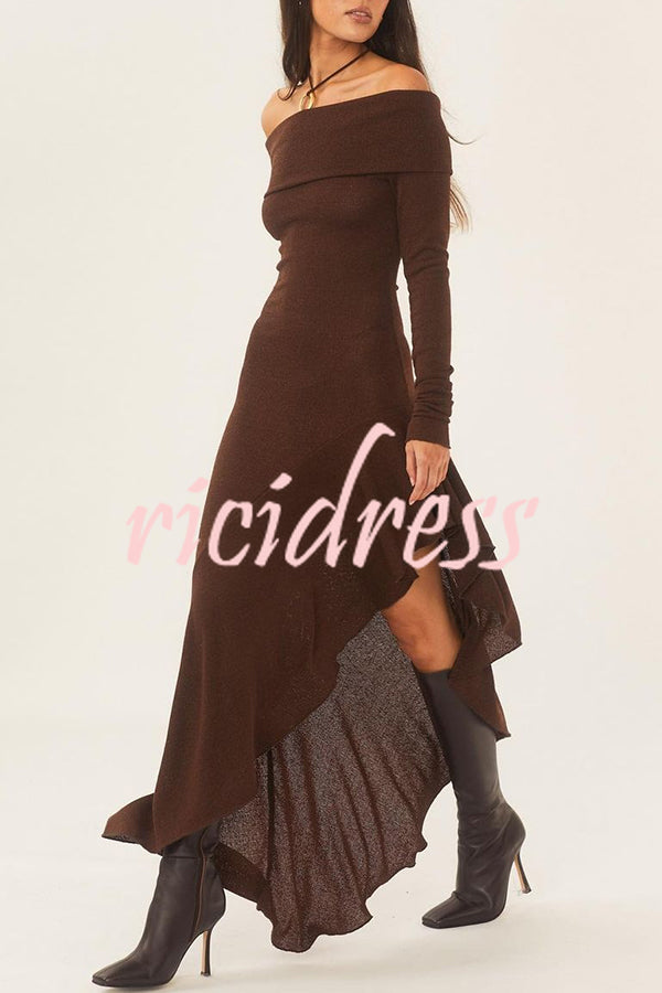 Temperament Off Shoulder Long Sleeve Irregular Hem Stretch Maxi Dress