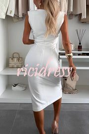 Solid Color Round Neck Sleeveless Slim Fit Slit Midi Dress