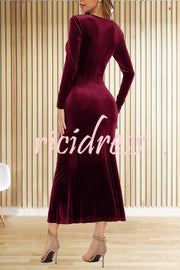 Solid Color Velvet Long Sleeve V-neck Slim Fit Fishtail Maxi Dress