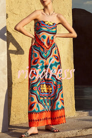 Ethnic Style Unique Print Tube Top and Elastic Waist Casual Pocket Wide Leg Pants Set