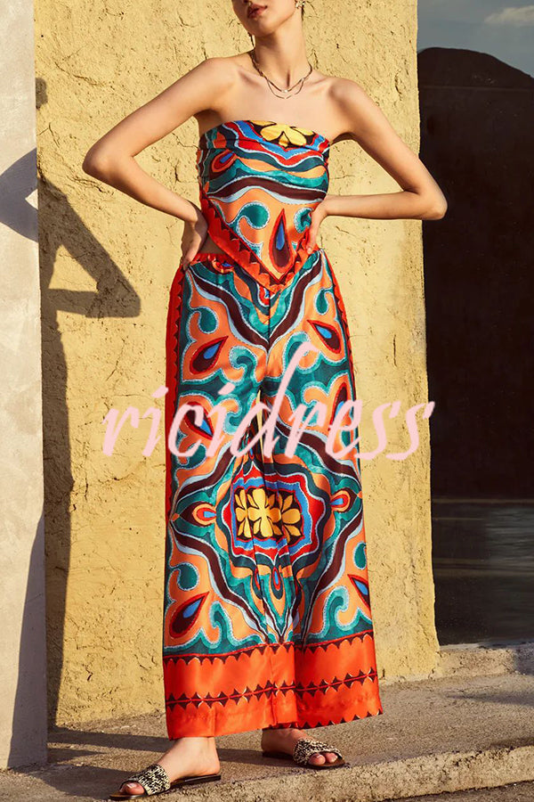 Ethnic Style Unique Print Tube Top and Elastic Waist Casual Pocket Wide Leg Pants Set