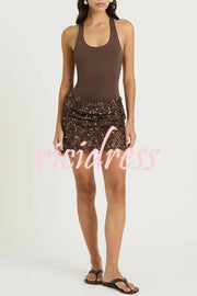 Shine Your Event Ruched Sequin Draped Hem Tank Stretch Mini Dress
