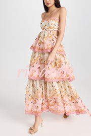 Charming Smile Floral Print Scalloped Lace-trim Back Tie-up Tiered Maxi Dress