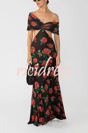 Rose Print Sexy Strapless Backless Slim Maxi Dress