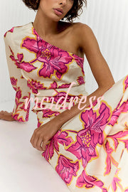 Rhia Satin Floral Print One Shoulder Flared Maxi Dress